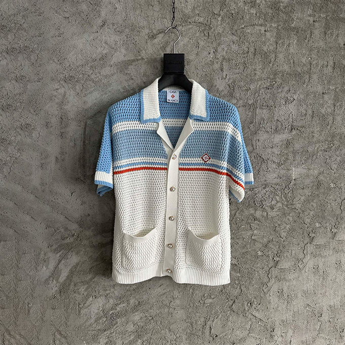 casablanca striped crochet knit short-sleeve shirt